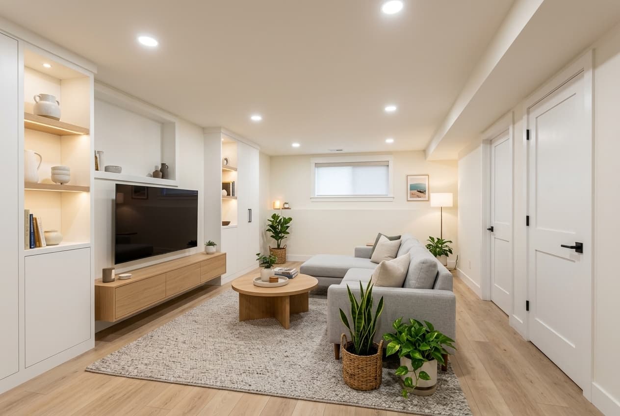 Design concept: the same basement remodeled into a bright modern family room with built-in media wall (AI visualization)