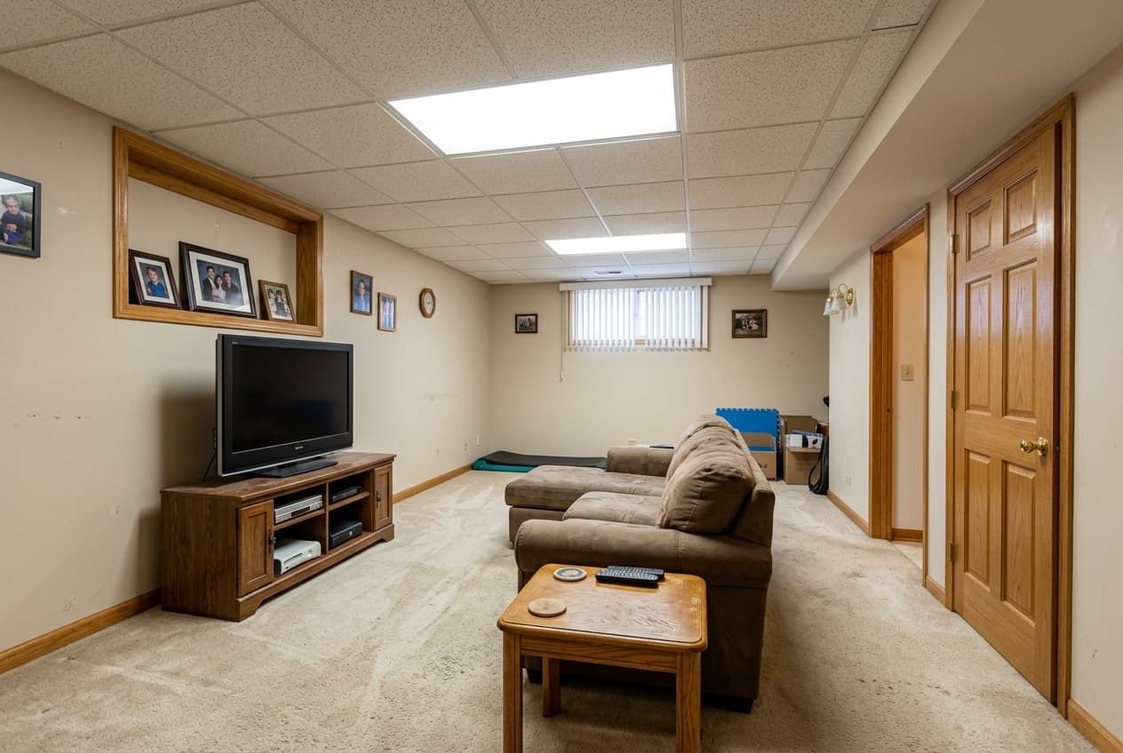 Design concept: finished basement last updated in the mid-2000s with drop ceiling and worn carpet (AI visualization)