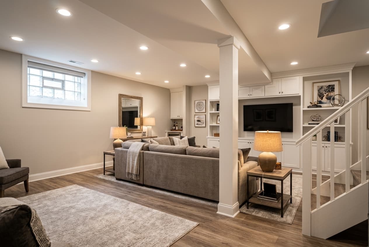 Design concept: the same basement finished as a warm family media room (AI visualization)