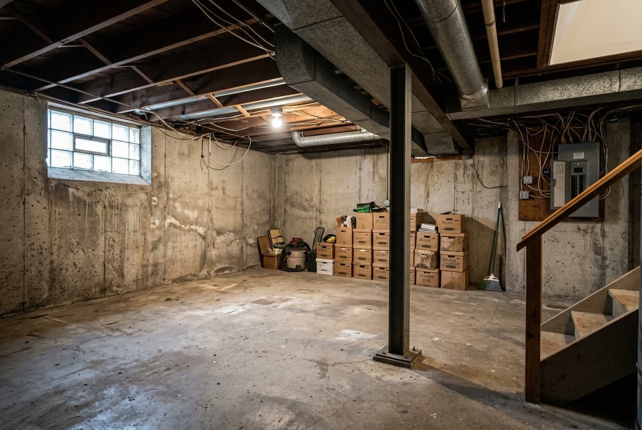 Design concept: unfinished basement with exposed joists and concrete walls (AI visualization)
