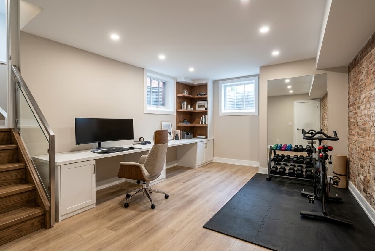 Design concept: the same basement finished as a home office with a gym zone (AI visualization)