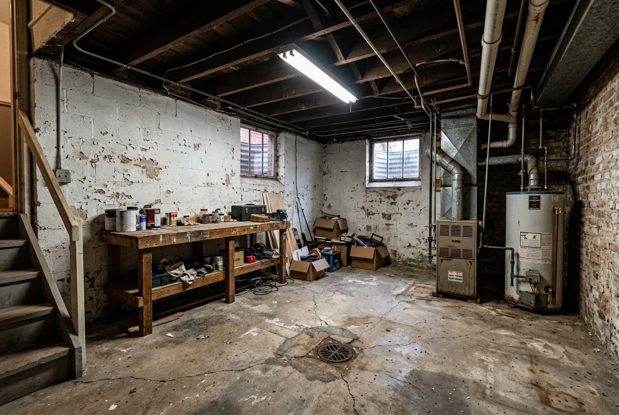 Design concept: dated basement with peeling paint and utility area (AI visualization)