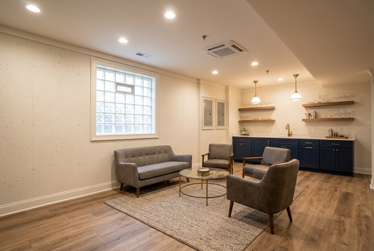 Design concept: the same basement finished as a wet bar lounge for entertaining (AI visualization)